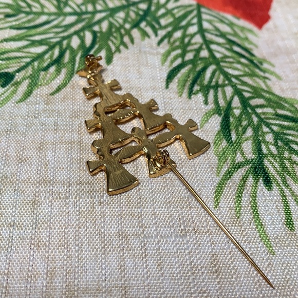 Vtg Angels Christmas Tree Brooch Red Green Enamel Gold Tone Rhinestones - Picture 3 of 10